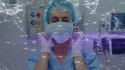 Wall Mural - Animation of network of connections over female caucasian surgeon in operating theater