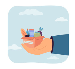 Poster - Hand of volunteer donating food in donation box. Person giving help and care to poor people flat vector illustration. Altruism, humanitarian aid concept for banner, website design or landing web page