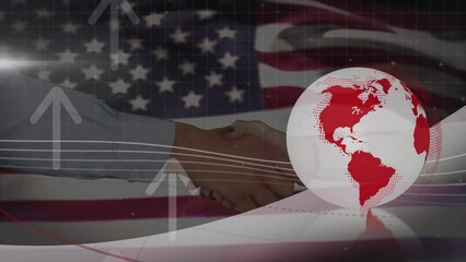 Wall Mural - Animation of spinning globe and usa flag over people shaking hands