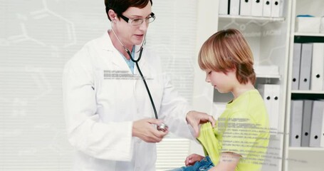 Sticker - Animation of scientific data over caucasian female doctor examining boy