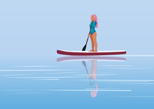 Meet Sunrise On Sup Board Concept. Girl Stand Up On Paddle Board At Lake