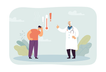 Wall Mural - cartoon doctor giving advice to patient with high temperature. medical recommendation during hot wea