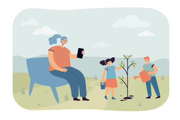 Poster - Cartoon mother sitting on bench and children watering tree. Boy and girl planting tree, woman resting with phone flat vector illustration. Spring, gardening, family concept for banner, website design