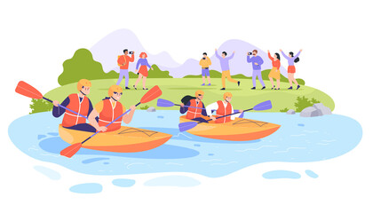Wall Mural - cartoon people on river bank watching kayak race. persons with paddles in boats kayaking or rafting,
