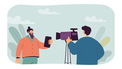 Professional videographer recording male bloggers performance. Man holding mobile phone flat vector illustration. News, blog in social media concept for banner, website design or landing web page
