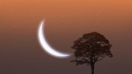 Aufkleber - Lone tree with big crescent moon in the background at amazing sunset