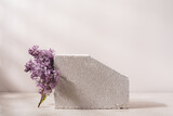 Fototapeta Kawa jest smaczna - Minimal concrete background for branding and packaging presentation. Textured stone on a beige background with flowering  lilac