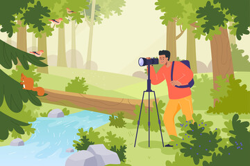 Wall Mural - Man with professional camera taking photo of squirrel in forest. Photographer in park watching animals flat vector illustration. Photography, nature concept for banner, website design or landing page