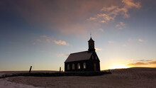 Hvalsneskirkja Church Located Near The Village Of Sandgerdi In Iceland In Winter At Sunset.