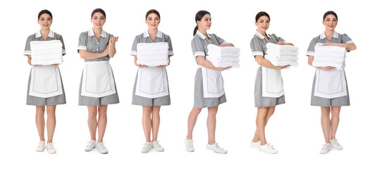 Wall Mural - Collage with photos of chambermaid in uniform on white background. Banner design