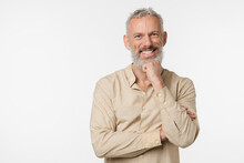 Cropped Closeup Portrait Of Caucasian Mature Middle-aged Man In Beige Shirt Looking At Camera And Smiling Isolated In White Background