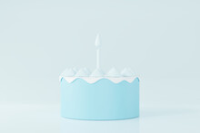 Cute Birthday Cake 3d Rendering Blue White Cream Color With A Candle, Sweet Cake For A Surprise Birthday, Valentine's Day With Copy Space For Text On A Blue Background.