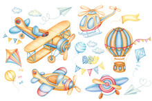 Set Of Vintage Plane, Hot Air Balloon, Retro Airplane, Helicopter And Kite Isolated On White Background. Hand Painted Watercolor Planes Isolated On White Background. Cute Toys Sky Transport For Boy