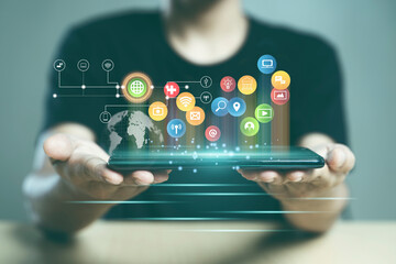 Close-up of mobile phone with a cloud of apps, Concept of mobile apps