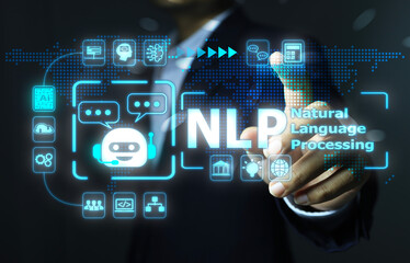 the businessman's hand reaches out to touch to activate nlp or natural language processing to connec
