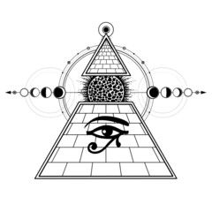 Animation monochrome drawing: ball of sun emerges from the Egyptian Pyramid. Eye of Horus, sacred geometry, phases of the moon. Vector illustration isolated on a white background. 