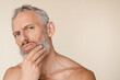 © InsideCreativeHouse - Caucasian serious middle-aged mature man with bare shoulders naked shirtless preparing to shave the beard, skin care, male beauty concept isolated in beige background