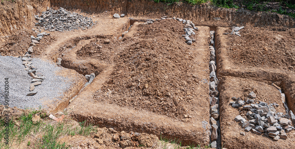 Ground dug for foundation. Dug out trench for building works of new ...