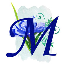 Watercolor Letters With A Bouquet Of Iris Flowers ,
 Blue Flower Petals Viola, Iris,
  Shades With Green Stems.
Suitable For Decoration Of Greeting Cards,
Invitations, Weddings, Children's Celebration