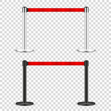 Realistic Retractable Belt Stanchion On Transparent Background. Crowd Control Barrier Posts With Caution Strap. Queue Lines. Restriction Border And Danger Tape. Vector Illustration.