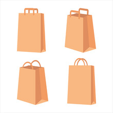 Paper Bags For Shopping, Gifts And Food Bags Minimalist Design. Brown Kraft Paper Or Cardboard Bags With Handles. Shopping Conceptual Trendy Vector Drawing