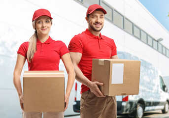 Wall Mural - Delivery man and woman holding boxes and standing outside a warehouse