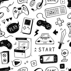 Sticker - Video game hand drawn doodle seamless pattern. Video gamer console, joystick, controller element. Computer retro, arcade play background, wallpaper, pattern. Vector illustration.