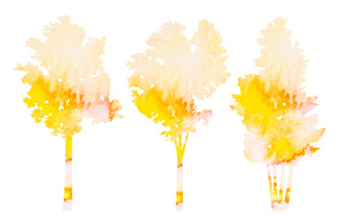 Wall Mural - trees watercolor yellow silhouette on white background, isolated, vector