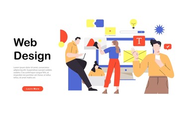 Web page design template for designing and programming vector illustration. Team working on mobile application, coding and prototyping web page. Web landing page design
