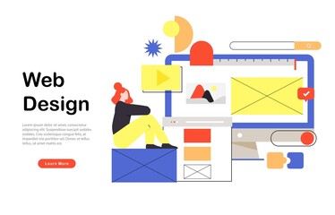 Web page design template for designing and programming vector illustration. Woman working on mobile application, coding and prototyping web page. Web landing page design