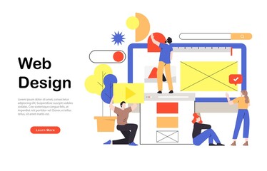 Web page design template for designing and programming vector illustration. Team working on mobile application, coding and prototyping web page. Web landing page design
