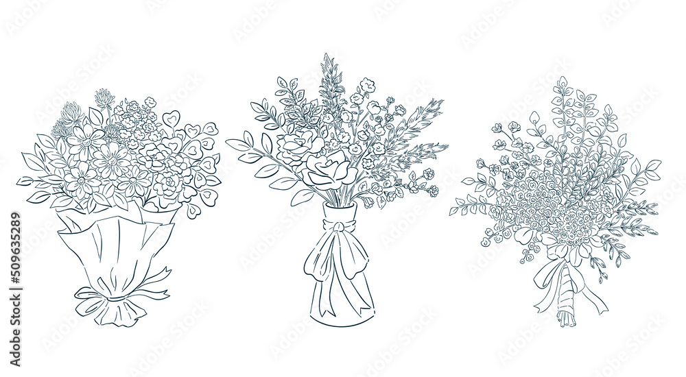 Vetor 花束のイラスト. 花束, 花瓶の花, ドリフラワーの手描き. 装飾用