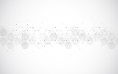 Hexagons pattern on gray background. Genetic research, molecular structure. Chemical engineering. Concept of innovation technology. Used for design healthcare, science and medicine background