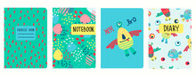 Cover Page Templates Based On Patterns With Hand Drawn Funny Monsters, Fantasy Shapes And Hey Bro Lettering. Background For School Notebooks, Kids Diaries, Albums