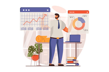Fototapete - Digital business web concept in flat design. Man analyzing financial data infographic, develops and promotes company, increases profit. E-commerce and e-business. Illustration with people scene