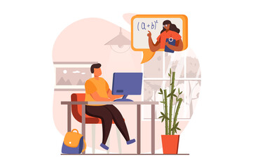 Fototapete - Distant learning web concept in flat design. Boy studies on computer, listens to teacher at lesson, watches video lectures. Online education and e-learning. Illustration with people scene