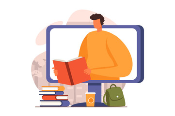 Fototapete - Distant learning web concept in flat design. Student reading e-book and studies on computer, making homework with textbooks. Online education and e-learning. Illustration with people scene