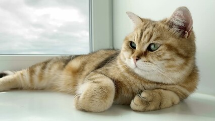 Wall Mural - British ginger cat lying on windowsill and looking up. Red Chinchilla cat having rest. Gray sky in window. 