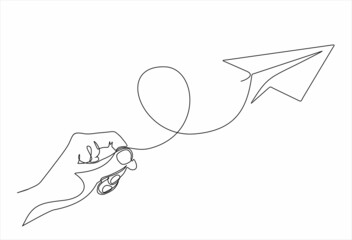 Hand launches into the sky airplane  isolated on white background. continuous line illustration. one line vector. concept of traveling, start up.