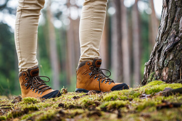 Wall Mural - tourist with hiking boots walking in forest. brown leather ankle boot