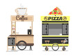 Coffee and pizza shops mockups isolated white background, vector illustration of snack van with printed menu hot drinks wagon on one wheel cart set
