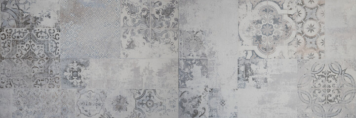 Aufkleber - Old gray grey vintage worn geometric shabby mosaic ornate patchwork motif porcelain stoneware tiles stone concrete cement wall texture background banner panorama