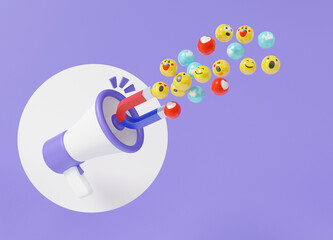 Megaphone loudspeaker creative marketing social media content concept. advertising attention user network online floating on purple background. 3d render illustration