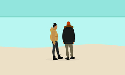 Wall Mural - Male character and female character in jackets are standing on the beach