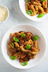 Poster - Pasta alla Norma - traditional Italian food with eggplant, tomato, cheese and basil