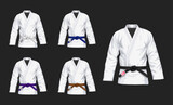 Fototapeta  - Set of BJJ White Gis with different belts flat vector illustration. Kimono with all belts vector illustration in flat style. Brazilian Jiu-Jitsu kit. Isolated on black background.	