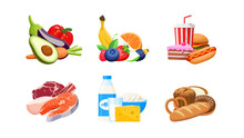 Set Of Different Types Of Food Cartoon Vector Illustration. Fast Food, Vegetables, Dairy, Meat, Bakery, Fruits. Different Food Groups. Kinds Of Food. 
