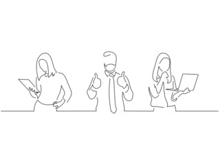 Wall Mural - Young people in line art drawing style. Composition of three persons making expressions. Black linear sketch isolated on white background. Vector illustration design.