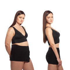 Comparison of a fat and thin girl. Slimming. Before and after. Weight loss. Liposuction. Fitness. Proper nutrition. Diet. Rejuvenating treatments.