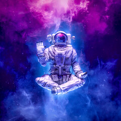 happy yoga astronaut - 3d illustration of science fiction space suited figure in yoga lotus pose wav